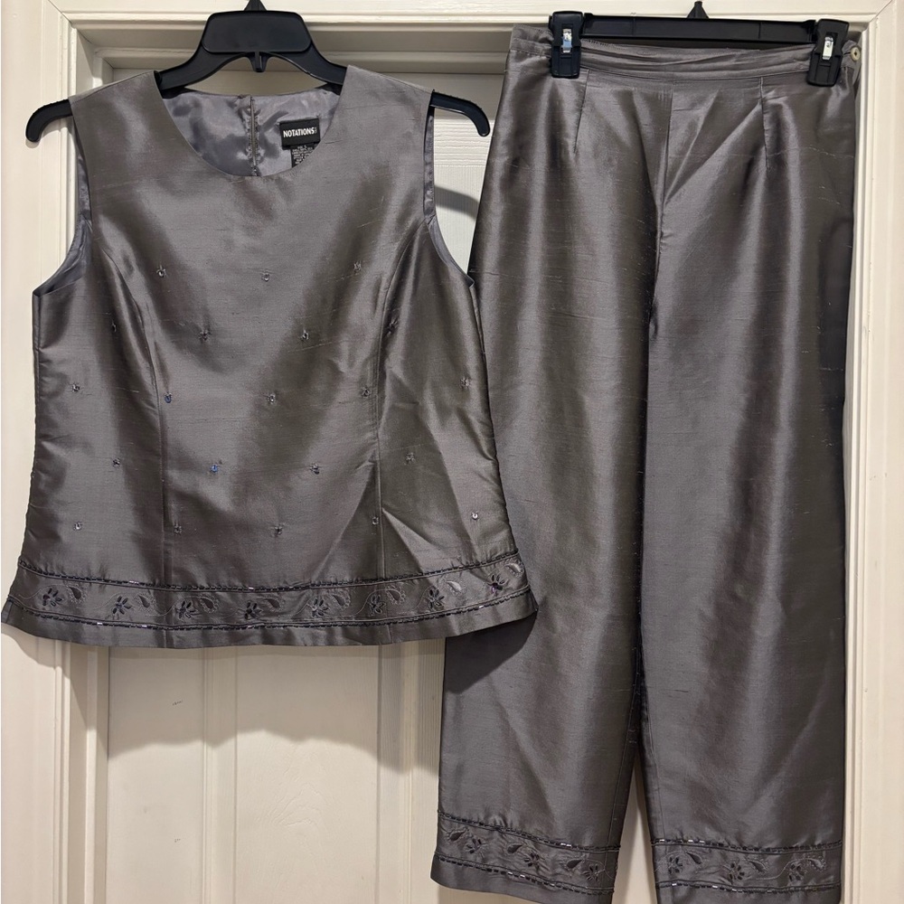 Notations 100% Silk Gray Women's Pants Set